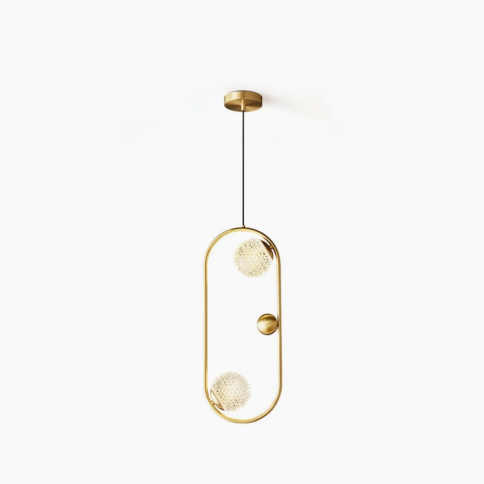 Jupiter brass pendant light with geometric faceted glass shade, frontal studio view showcasing oval silhouette and mid-century modern design