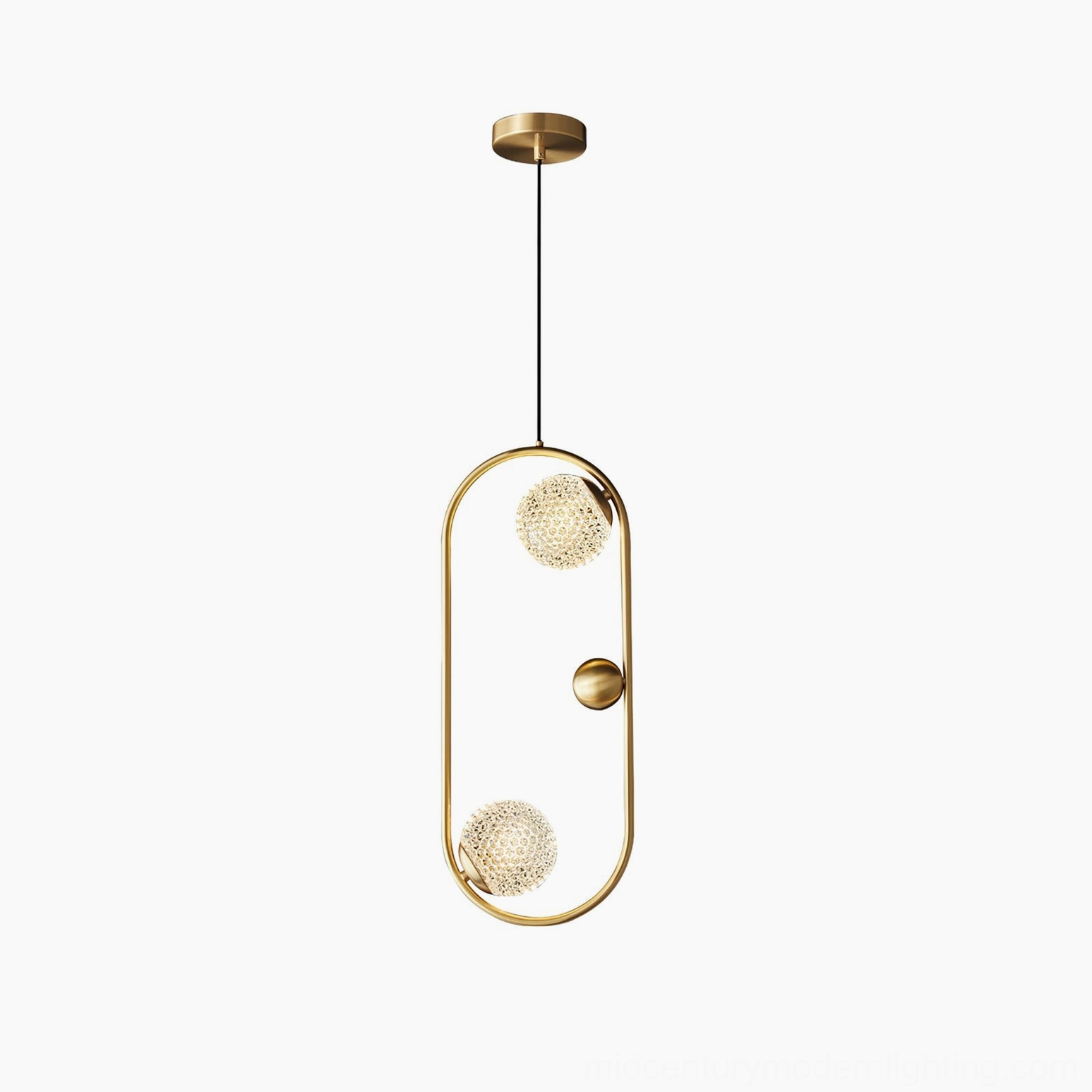 Jupiter brass pendant light fixture showcasing mid-century modern architecture with faceted glass shade and brass suspension