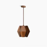 Kaden geometric wood pendant light with faceted walnut veneer polyhedron shade, studio overhead shot