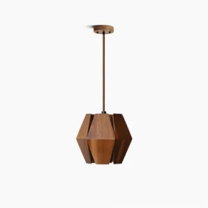Kaden geometric wood pendant light with faceted walnut veneer polyhedron shade, studio overhead shot