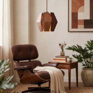 Kaden walnut pendant light illuminating cozy reading corner with leather mid-century lounge chair