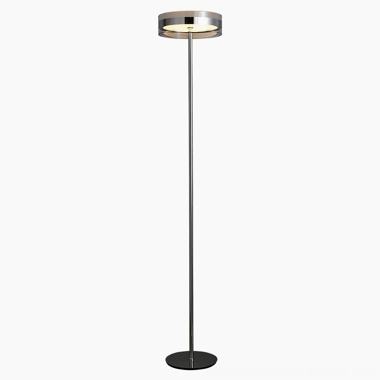 Kaede modern torchiere floor lamp full front view featuring slim black metal pole and chrome trim glass diffuser