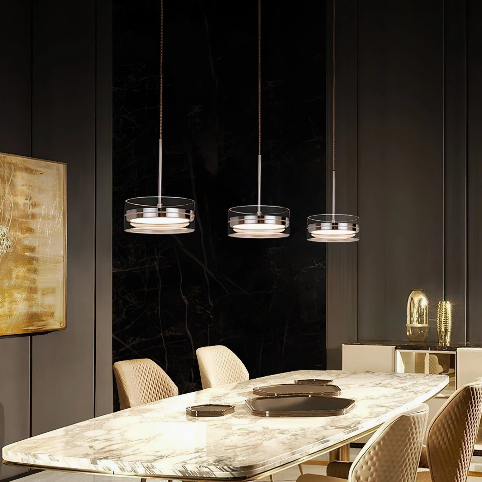 Three Kaede LED pendant lights in formal dining room with dark luxury wall panels and sophisticated aesthetic