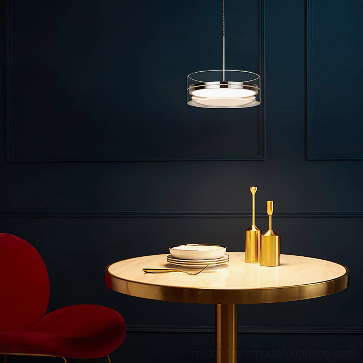 Silver Kaede ring pendant light casting geometric shadows in contemporary minimalist space