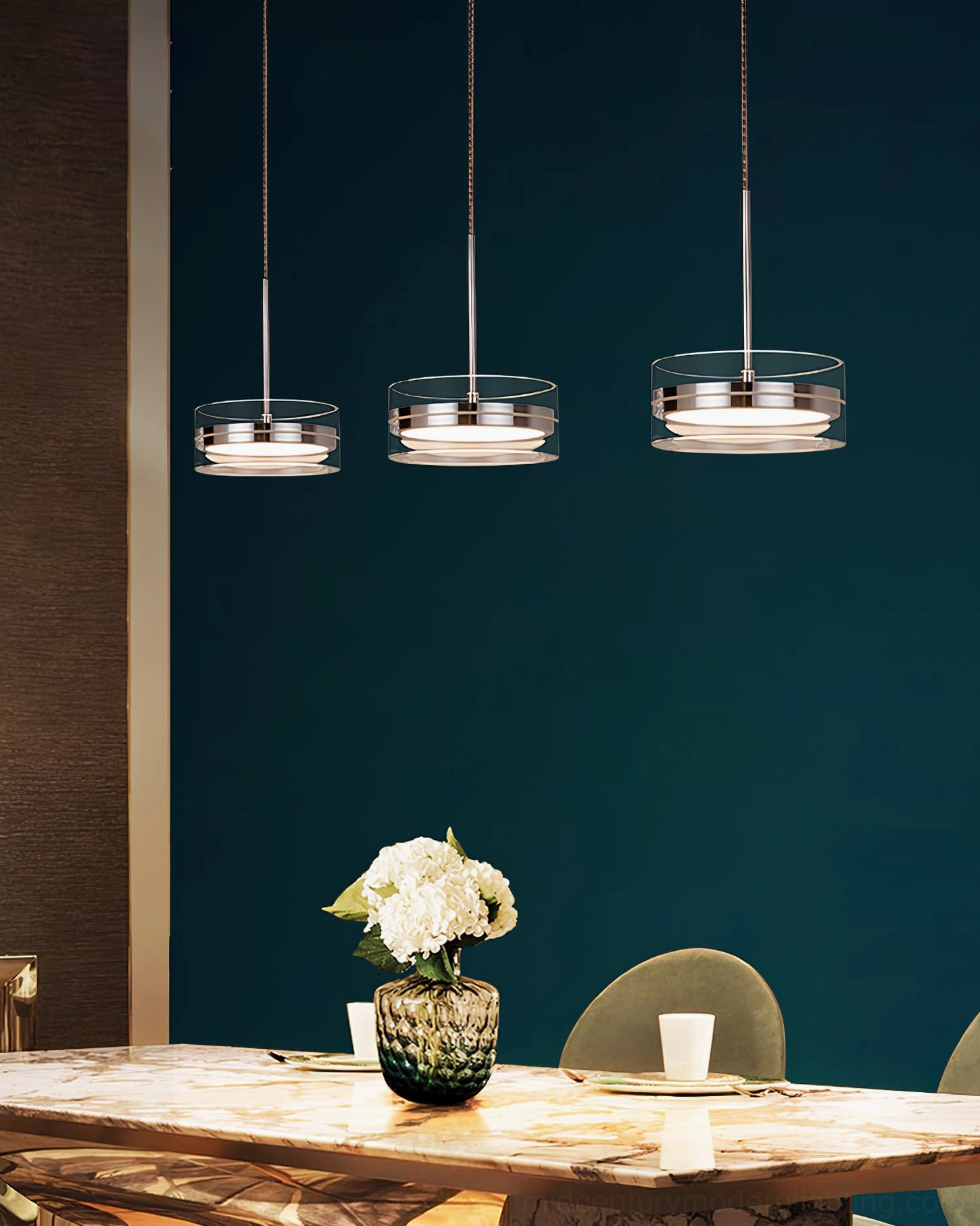Kaede modern pendant light fixture close-up detail showing LED ring and clear acrylic construction