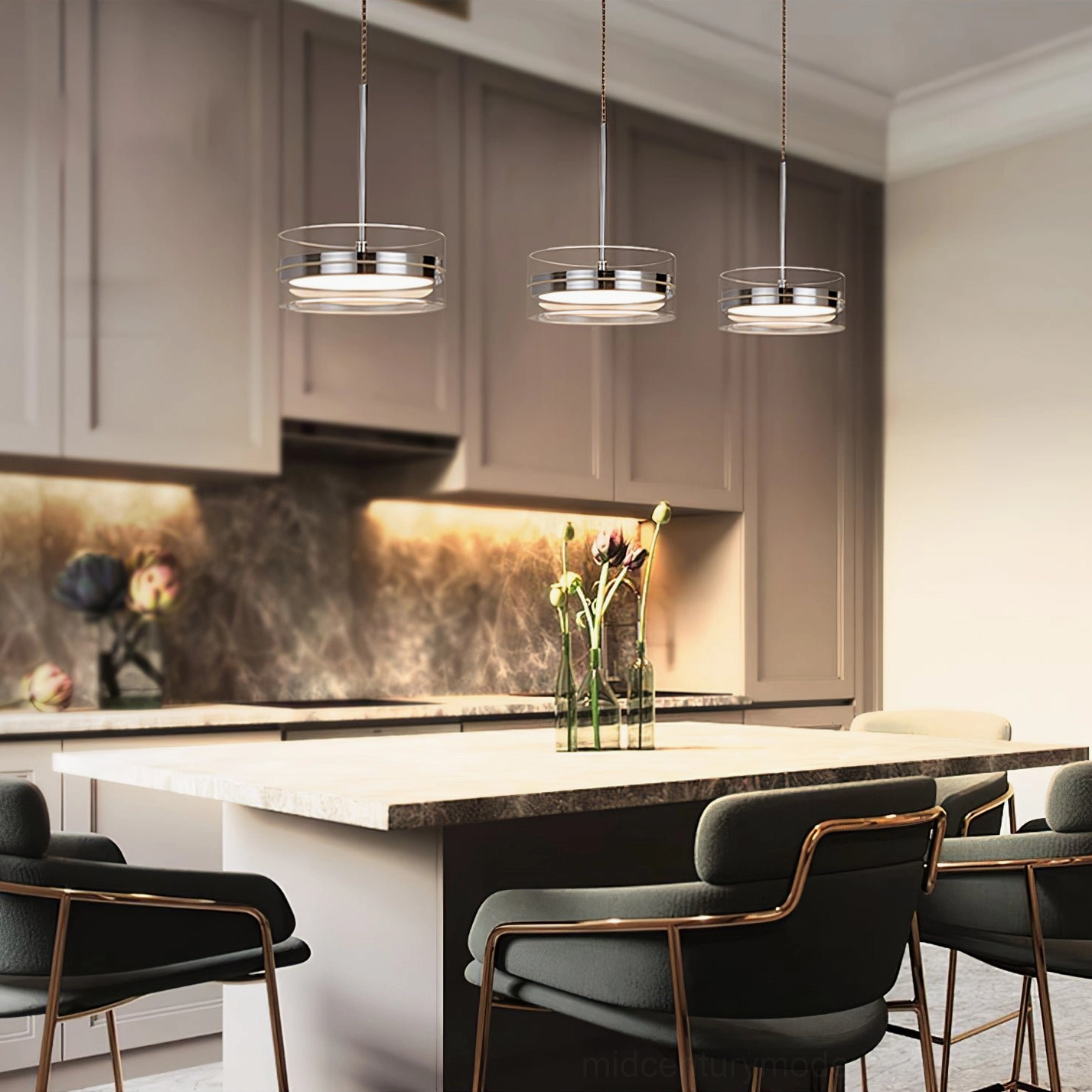 Three Kaede pendant fixtures over luxury kitchen island with matte grey cabinetry and neutral tones