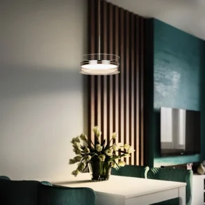 Kaede pendant light installed above dining table in luxury modern dining room with dark green accent wall