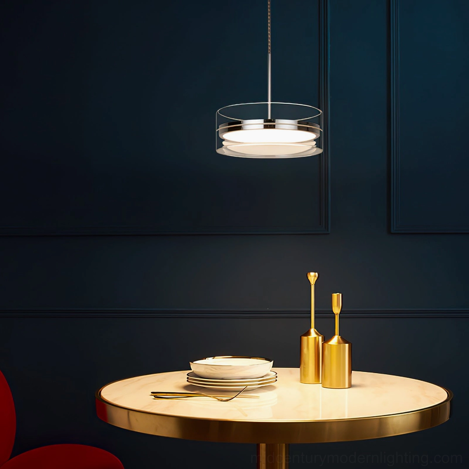 Single Kaede ring pendant light over gold round table in minimalist dark dining space, low angle view