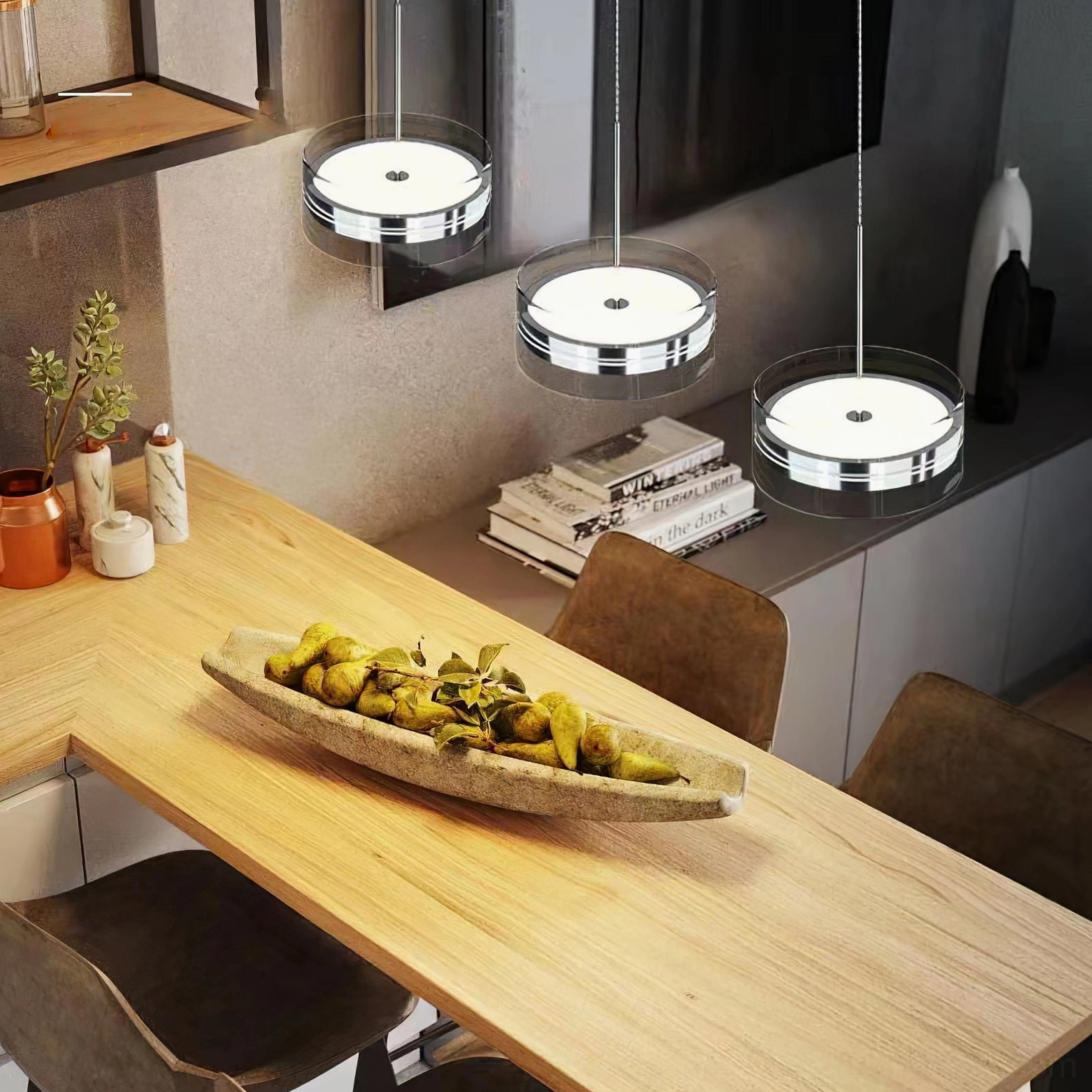 Kaede ring pendant lamp above wooden dining table in cozy minimalist natural wood interior space