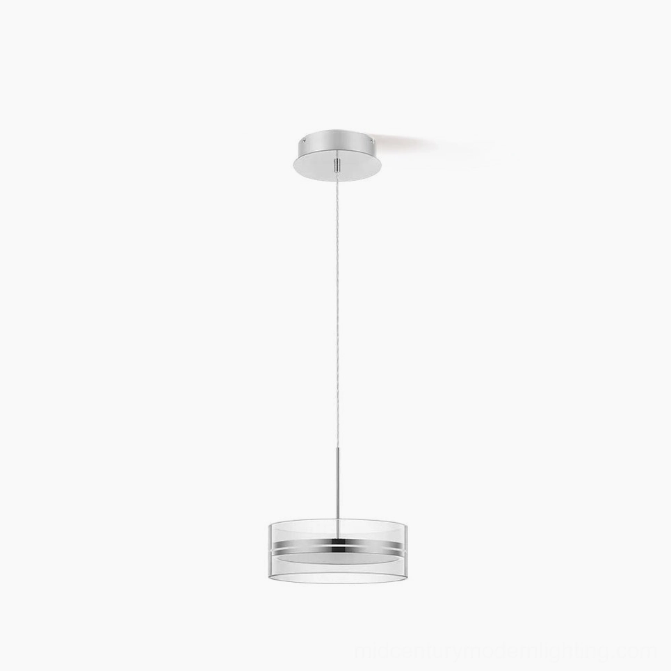 Kaede modern ring LED pendant lamp with silver metal frame and clear acrylic diffuser, front view on white background