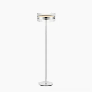 Kaede minimalist torchiere floor lamp front view with polished silver metal finish and clear glass shade on white studio background