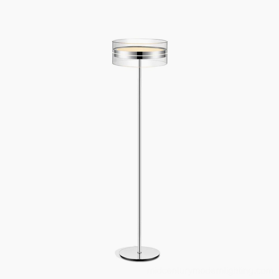 Kaede minimalist torchiere floor lamp front view with polished silver metal finish and clear glass shade on white studio background