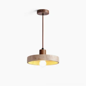 Kairi travertine pendant light with stone shade and wooden mounting cap on white background
