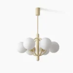 Kaiser Mid-Century Modern 6-head chandelier with frosted glass globes and cream metal frame, overhead view