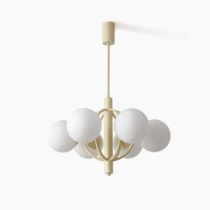 Kaiser Mid-Century Modern 6-head chandelier with frosted glass globes and cream metal frame, overhead view