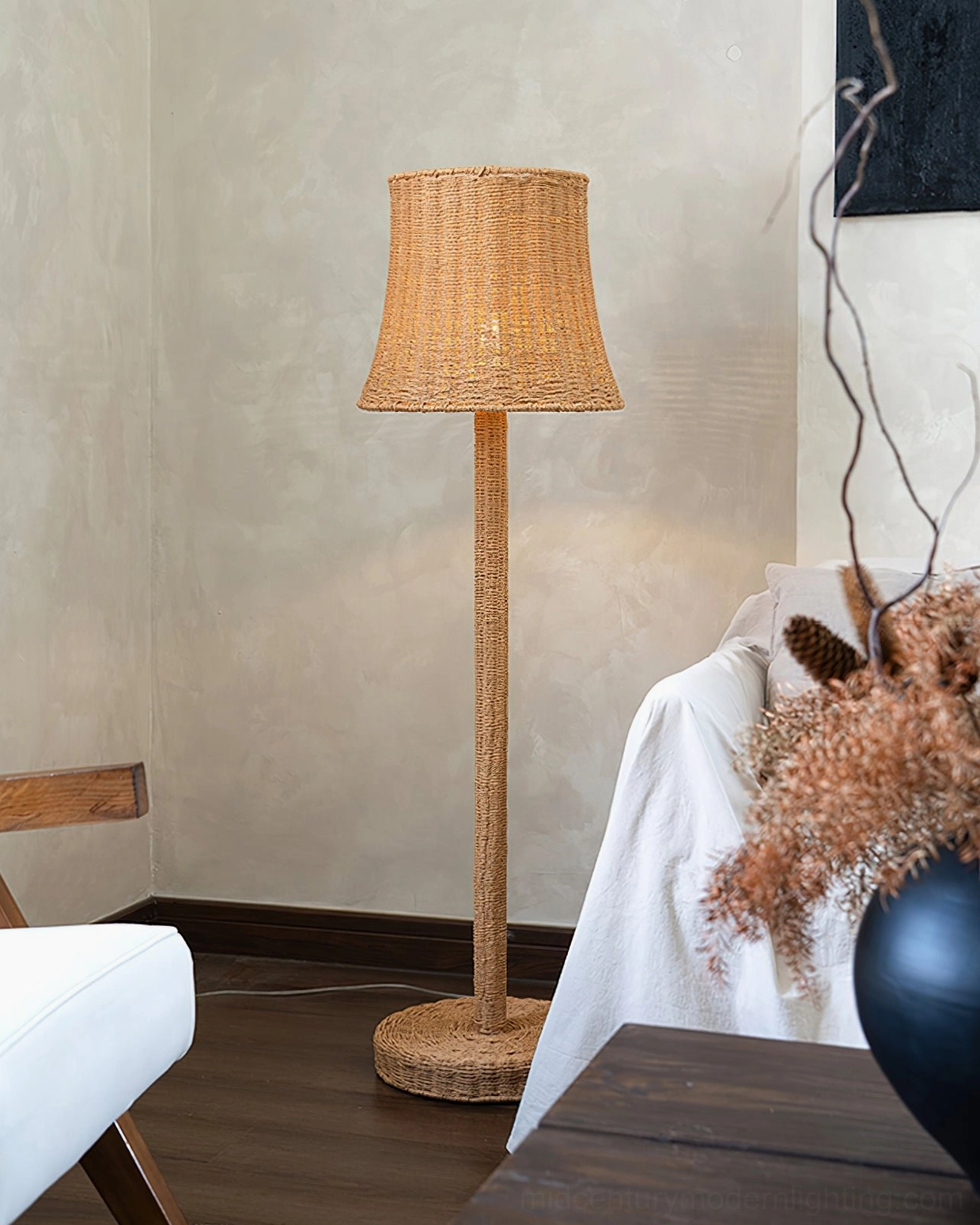 Kakasi rattan floor lamp full-length side view in contemporary interior, mid-century modern silhouette