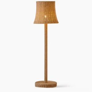 Kakasi handwoven rattan floor lamp with natural brown tapered cone shade on white background, minimalist mid-century modern design