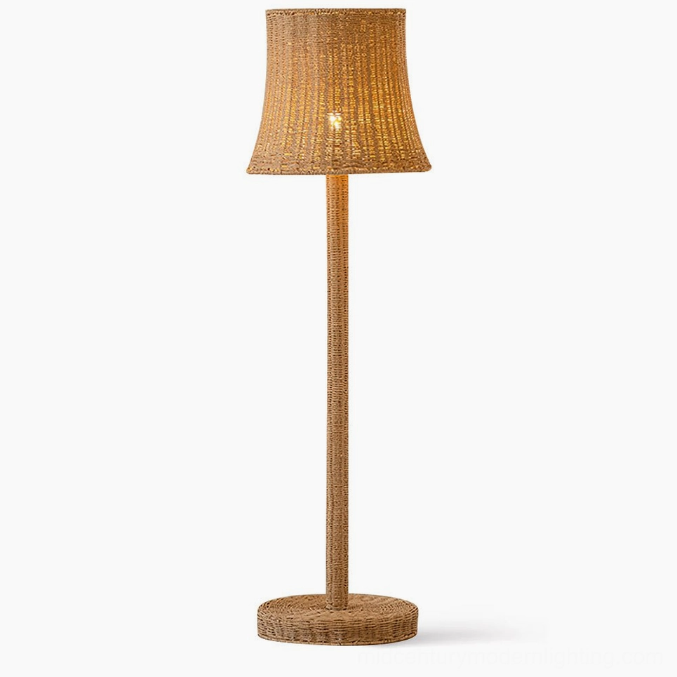 Kakasi handwoven rattan floor lamp with natural brown tapered cone shade on white background, minimalist mid-century modern design