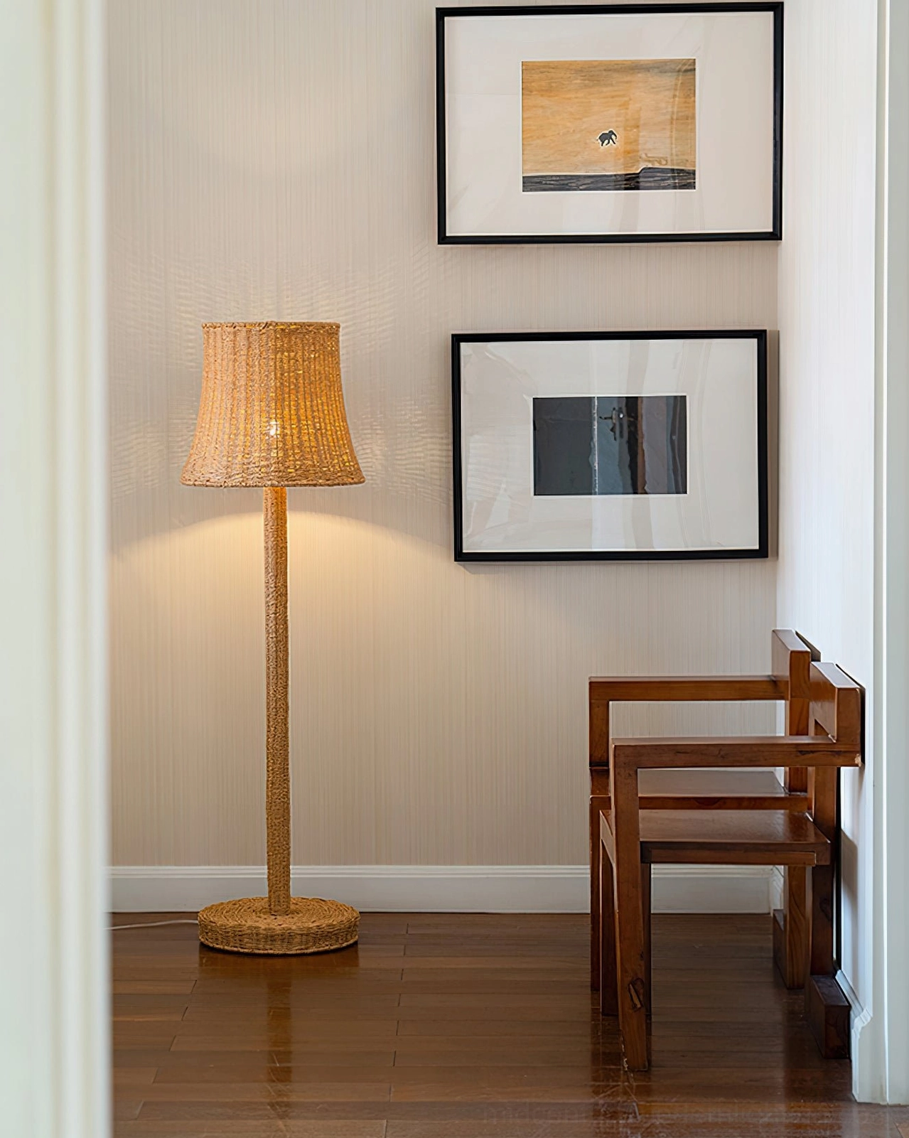 Kakasi handwoven rattan floor lamp standalone product showcase, natural brown finish mid-century modern