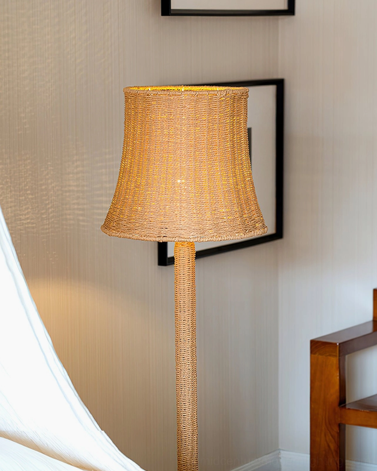 Close-up detail of Kakasi handwoven rattan lampshade showing texture and weave pattern in warm brown tone