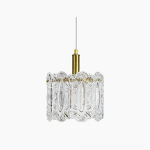 Kalmar brass glass pendant light with embossed shade on white background showing mid-century modern design