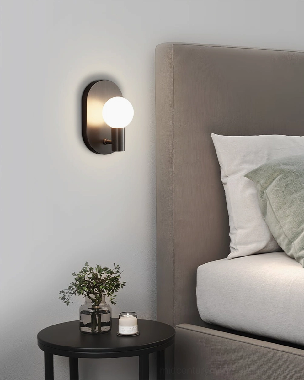 Kalux wall lamp mid-century modern design spherical frosted glass diffuser detail close-up