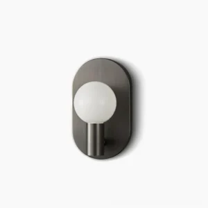 Kalux mid-century modern wall sconce with matte black metal base and frosted glass sphere front view