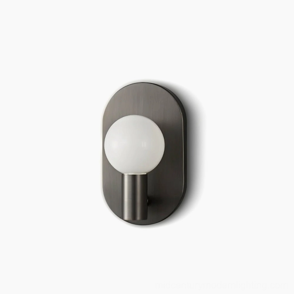 Kalux mid-century modern wall sconce with matte black metal base and frosted glass sphere front view