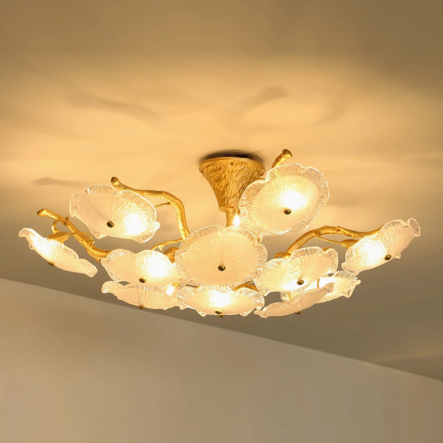 Kamal hand-blown glass lotus ceiling lamp fixture with brass framework and textured petal design