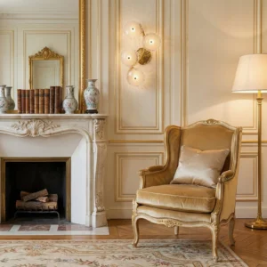 Kamal wall lamp installed in luxury European living room, brass finish coordinating with gold decor and classic furniture