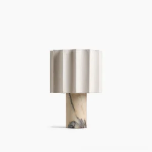Kane cordless table lamp with Calacatta Viola marble base and cream pleated fabric shade, front isolated view on white background