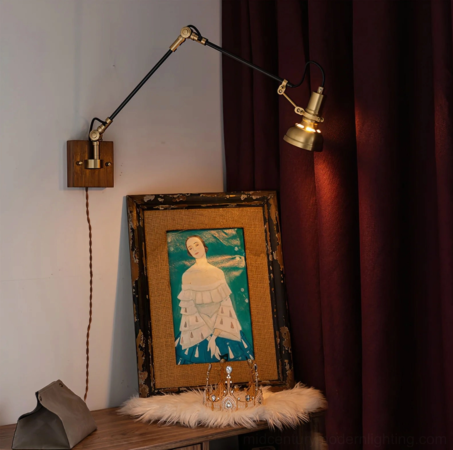 Kane swing arm plug-in wall lamp in vintage home interior with artwork and window curtains, demonstrating warm ambient industrial lighting style