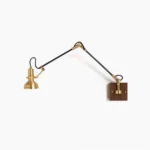 Kane Swing Arm Wall Lamp in brass and walnut wood, front view studio photography