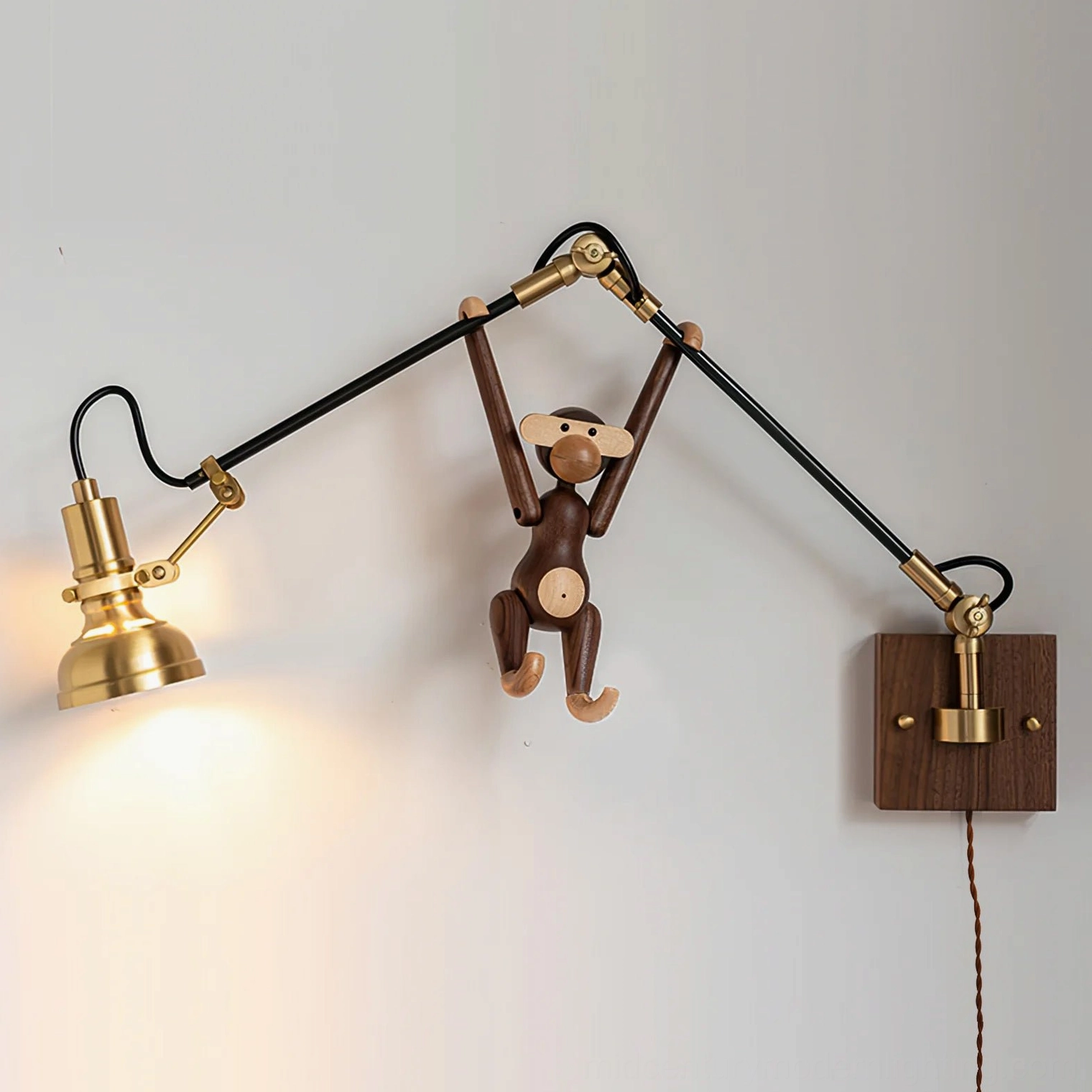 Kane plug-in wall lamp styled in warm interior setting with vintage wooden decorative object, demonstrating industrial aesthetic in home environment
