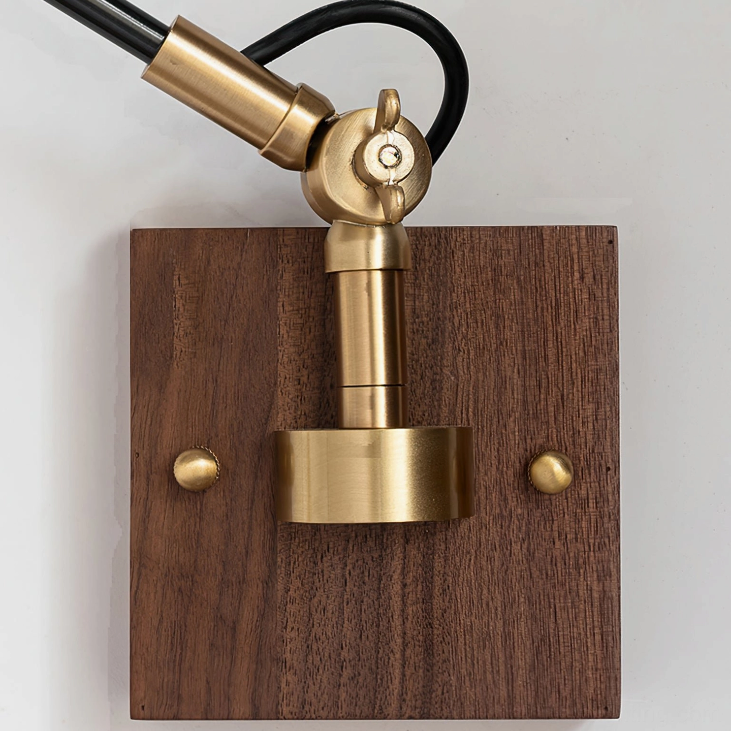 Kane wall lamp base showing walnut wood wall plate with brass metal mounting hardware and screw points for installation