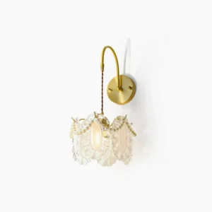 Kano pearl-trimmed glass wall sconce with brushed gold hardware, front overhead view showcasing ruffled glass shade