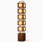 Kano Totem Floor Lamp - stacked cube mid-century modern design with walnut wood-grain finish, studio view on white background