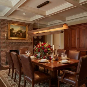 Kanoe linear pendant light installed above dining table in luxury traditional dining room with dark wood furniture