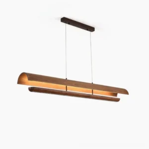 Kanoe linear pendant chandelier side view showcasing dual-layer nested walnut wood canopy structure with integrated LED