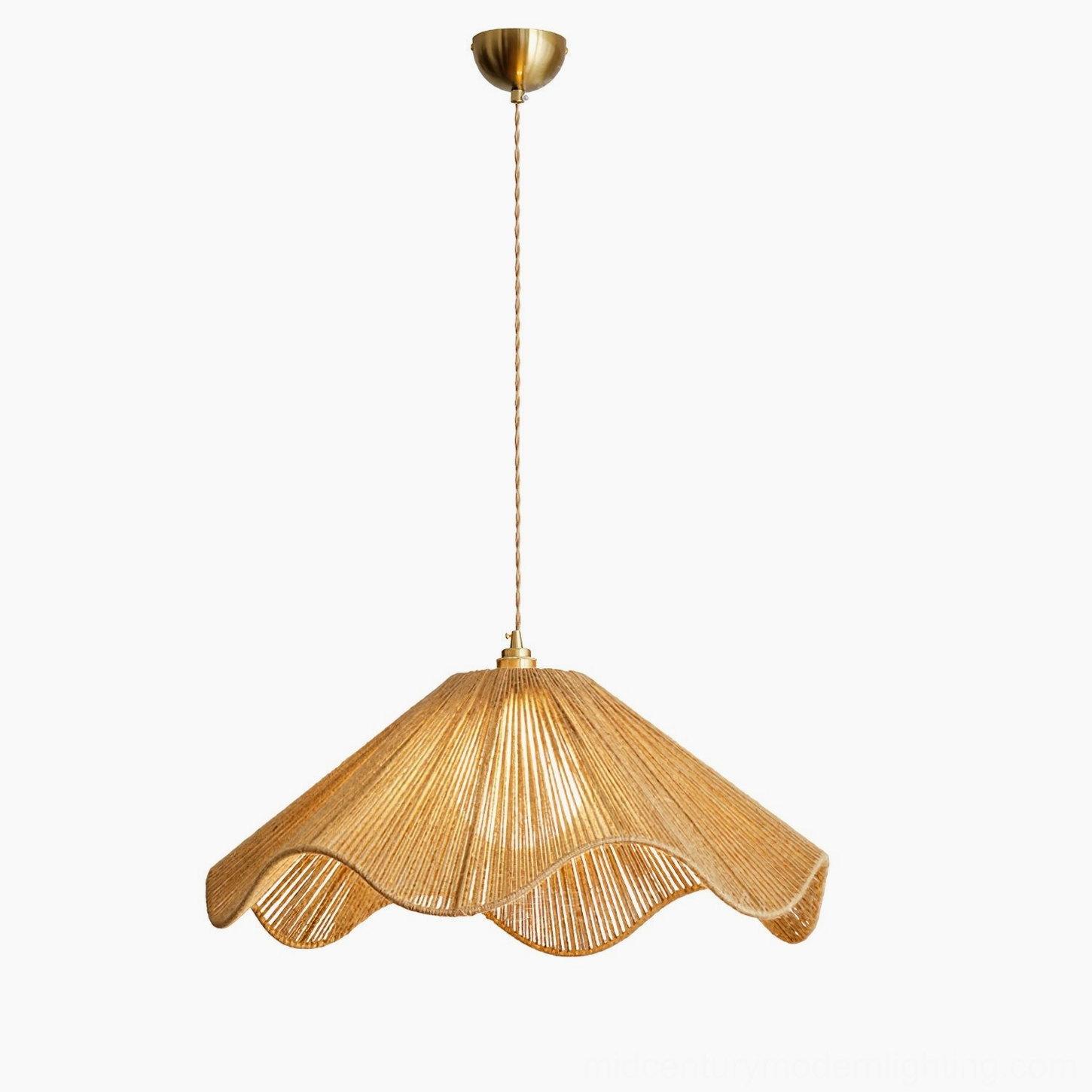 Karai hemp rope pendant light with naturally textured woven shade and warm brass metal accents artisanal craftsmanship