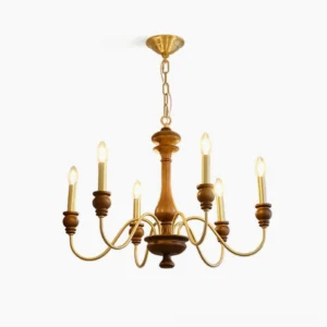 Karalea mid-century modern brass and walnut wood chandelier with six candle lights, frontal studio view on white background
