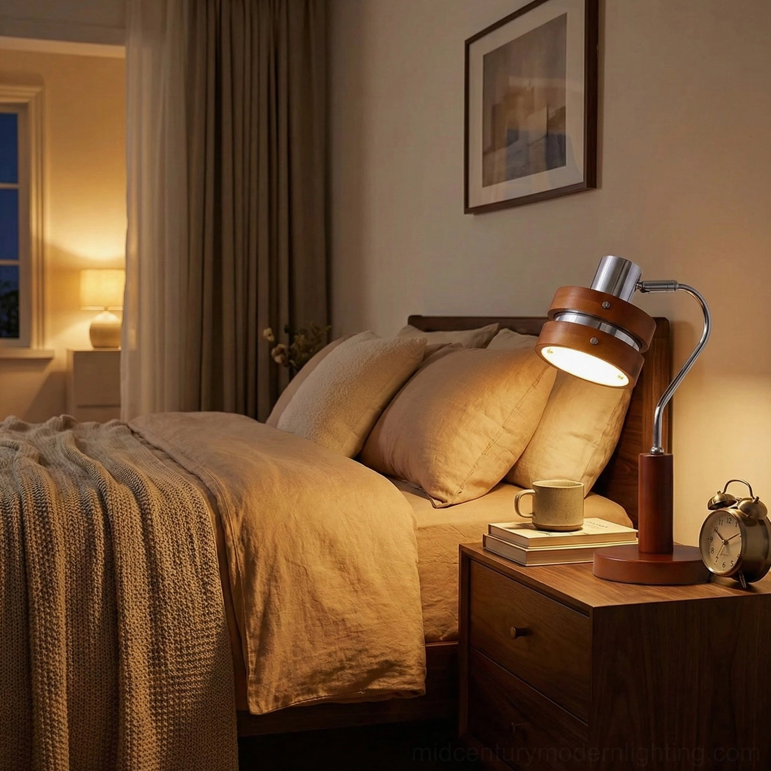 Mid-century modern table lamp on bedroom nightstand with vintage alarm clock and king-size bed backdrop