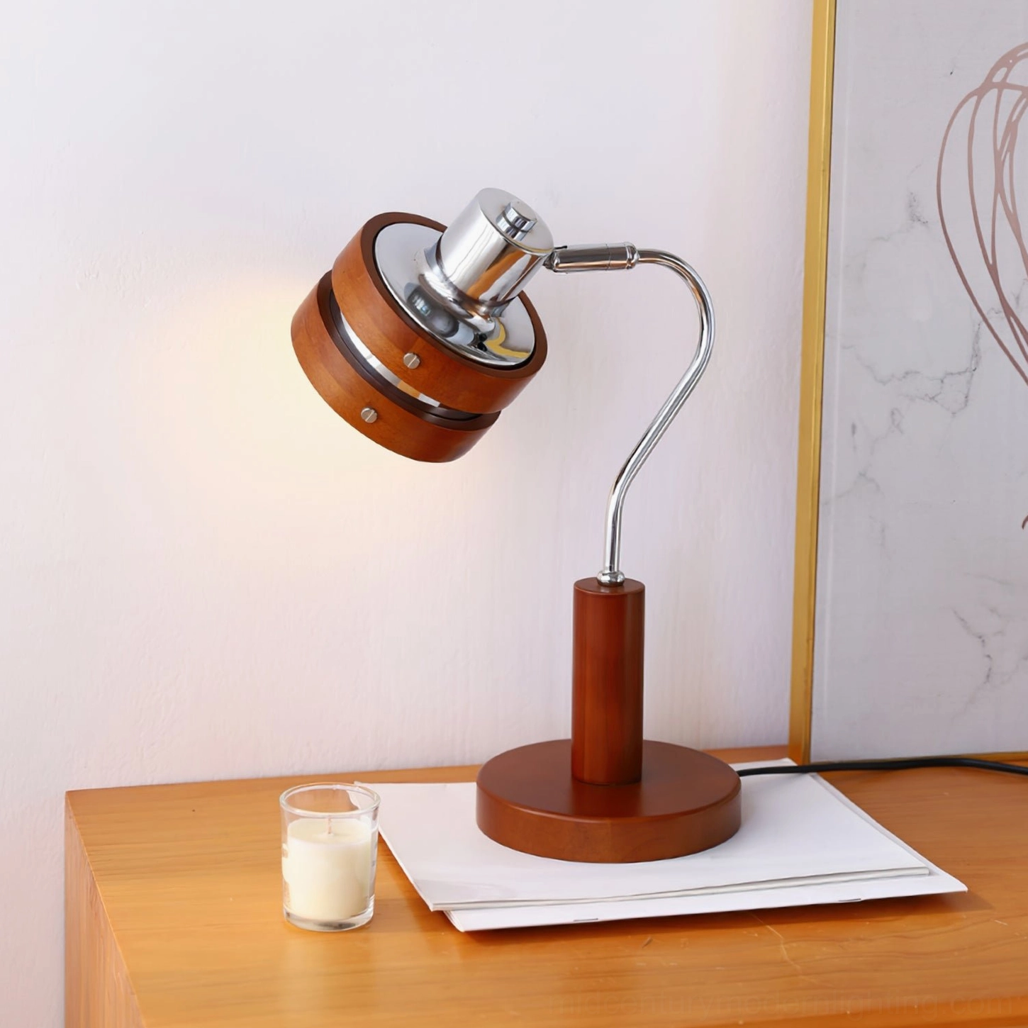 Karry desk and bedside lamp with chrome metal head and natural wood finish close-up