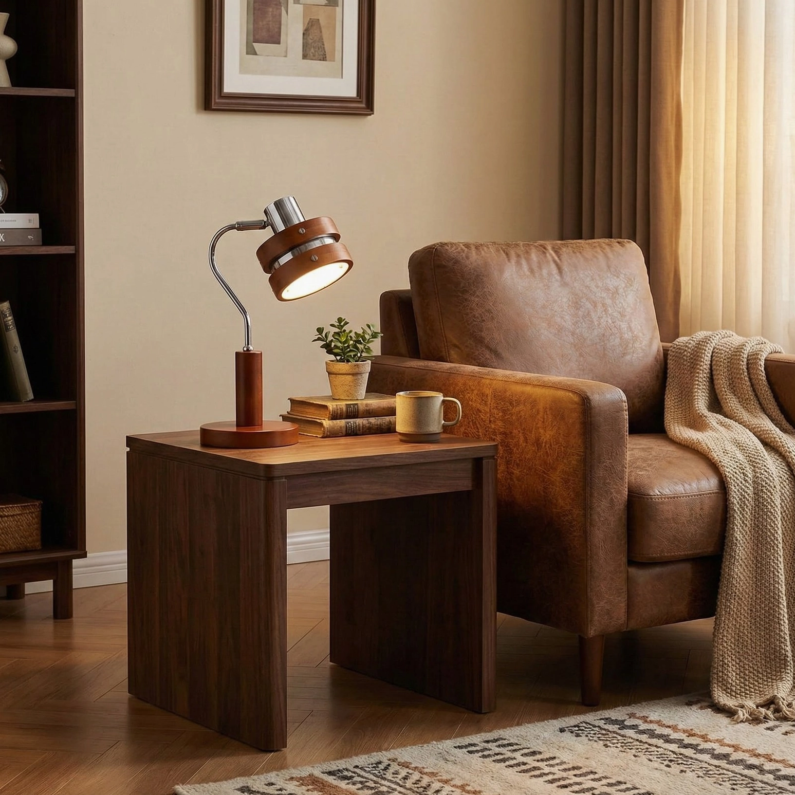 Karry wood and metal table lamp on side table with potted plant and coffee mug in cozy living room
