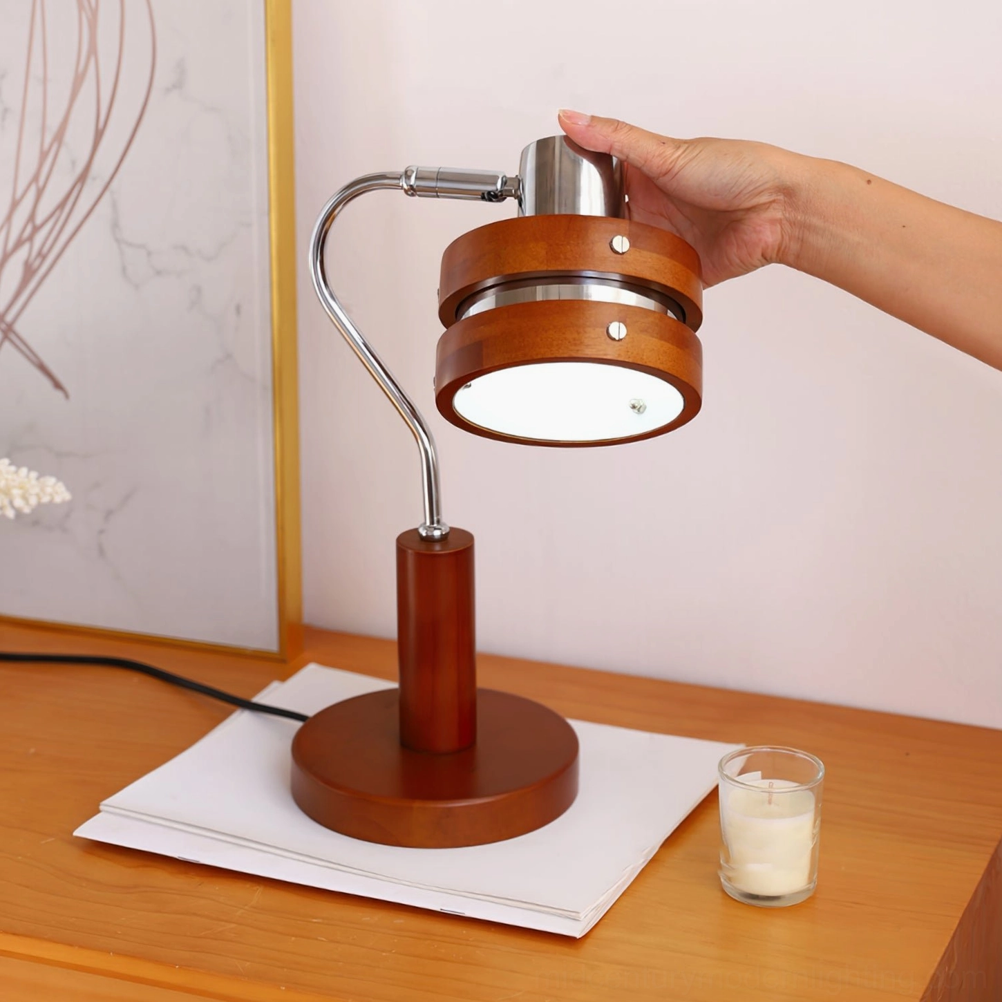 Karry mid-century table lamp detailed product shot showing walnut wood and chrome metal construction