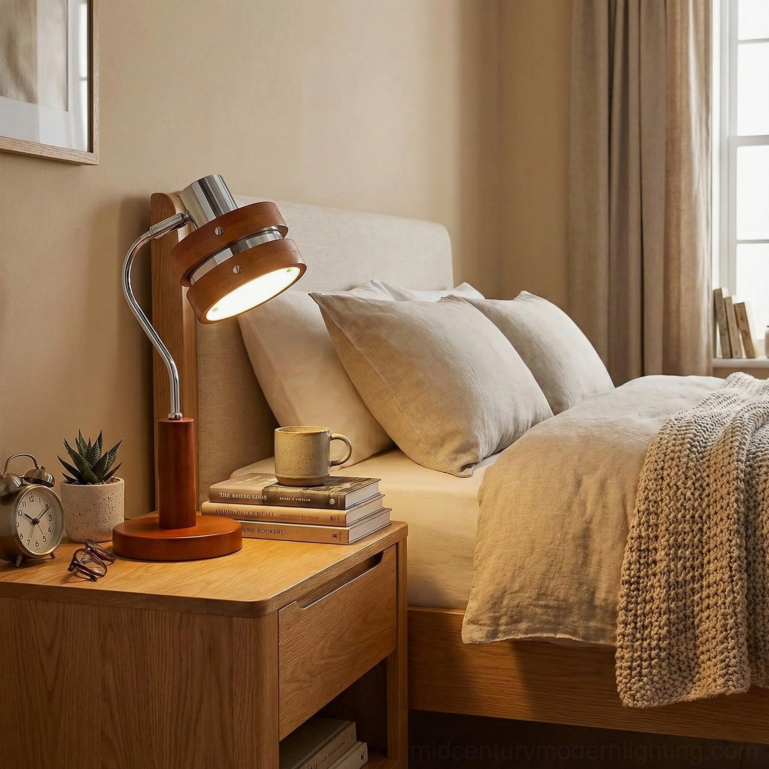 Modern table lamp with swivel head on bedroom nightstand with stacked books and fabric upholstered headboard