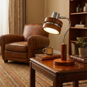 Karry wooden desk lamp with articulating metal head on vintage side table in warm living room setting