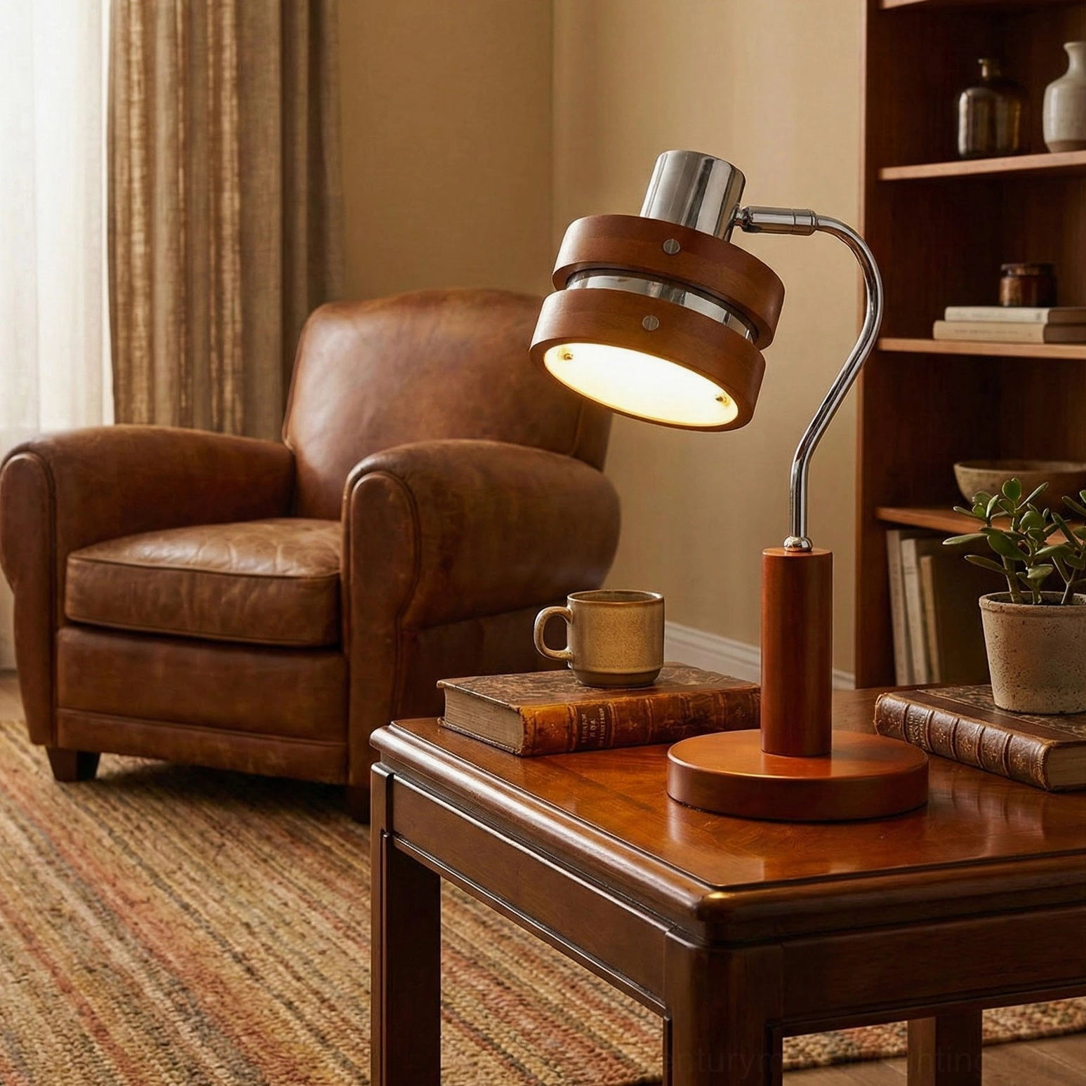 Karry wooden desk lamp with articulating metal head on vintage side table in warm living room setting