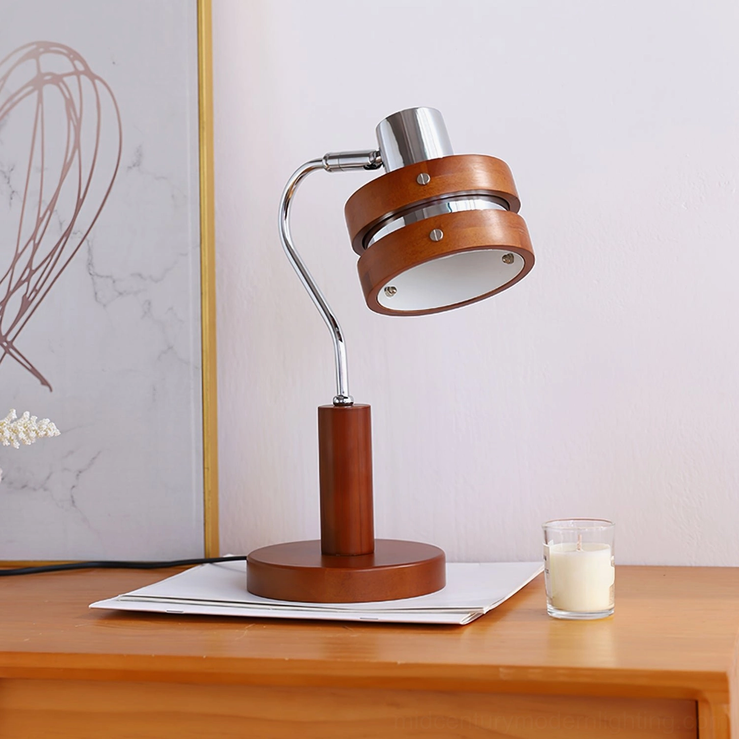 Karry table lamp on wooden side table with scented candle and notebook creating styled vignette