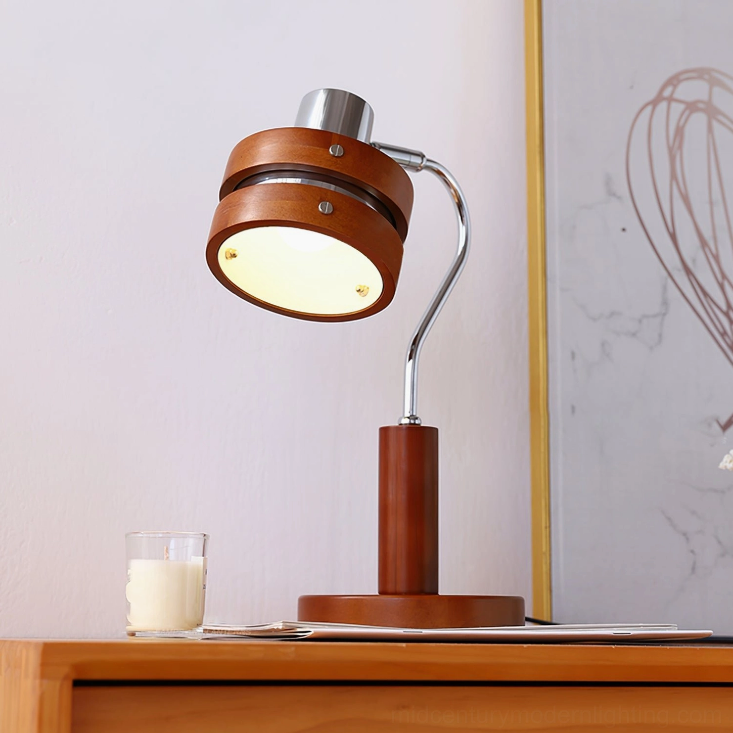 Illuminated Karry lamp on wooden table with scented candle and warm ambient lighting